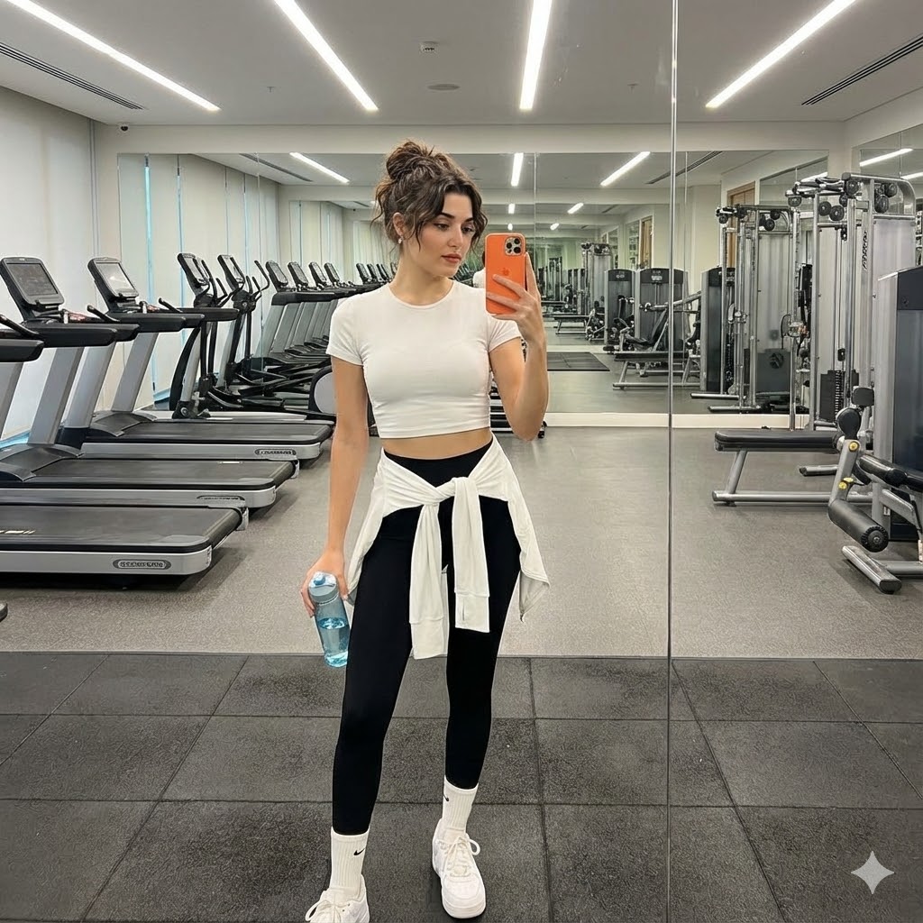 full-body mirror selfie of a young woman in a modern indoor gym