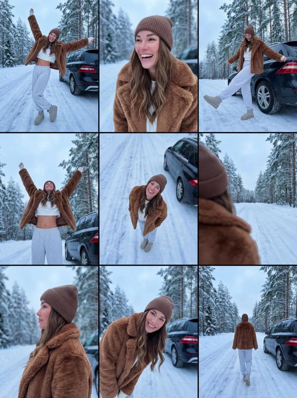 3x3 grid collage of young woman in winter forest"